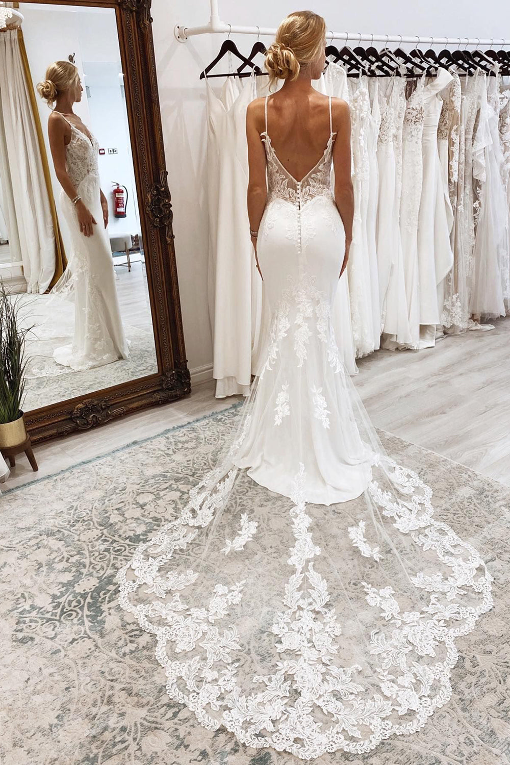 Hunter | White Mermaid Lace Long Backless Wedding Dress with Button