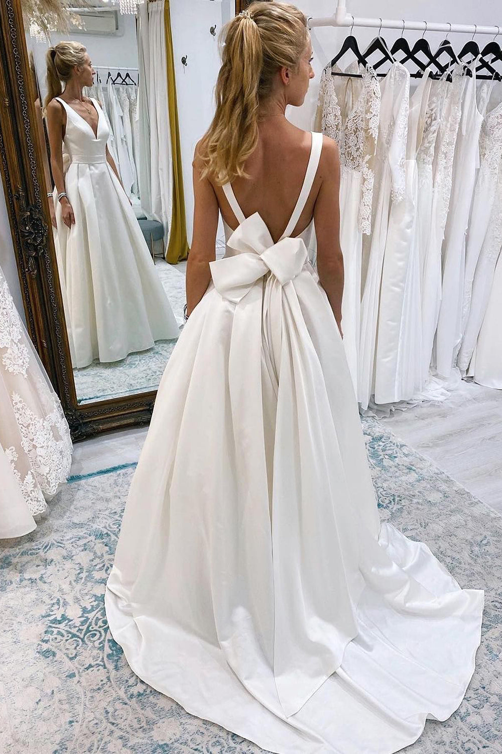 Samira | Ivory A-Line Deep V-Neck Long Wedding Dress with Bowknot