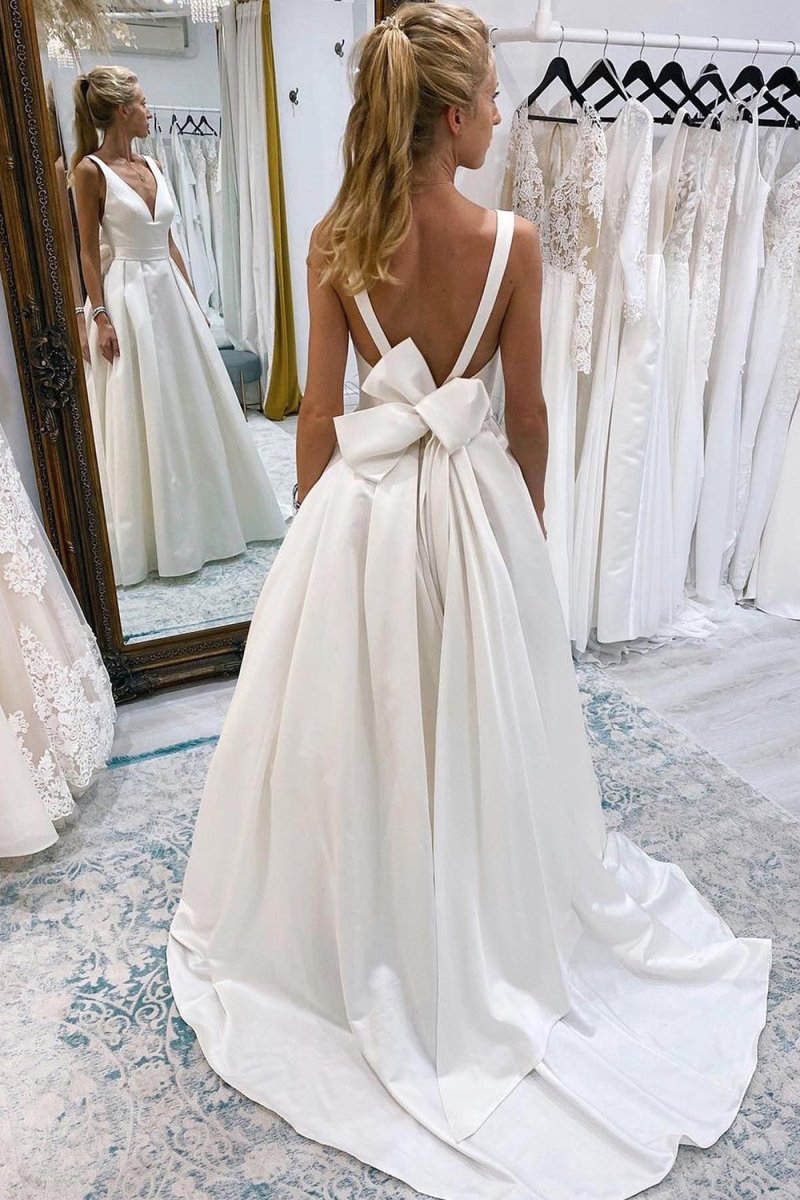 Ivory A-Line Wedding Dresses Women V-Neck Short Sleeves Long Bride Dress main image 1