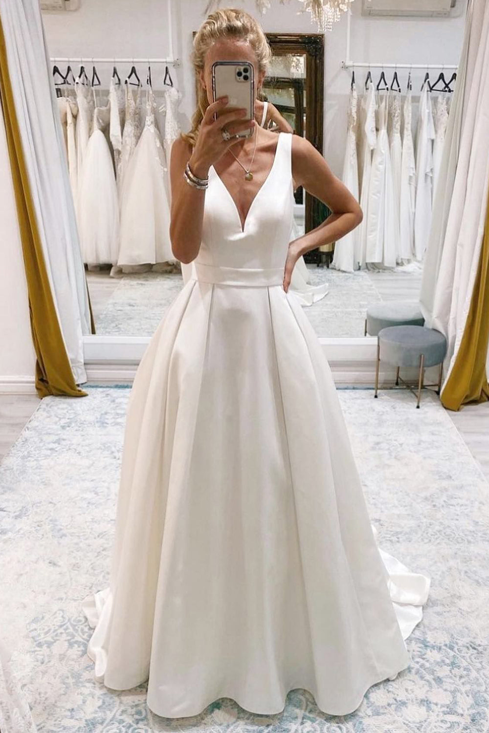 Samira | Ivory A-Line Deep V-Neck Long Wedding Dress with Bowknot