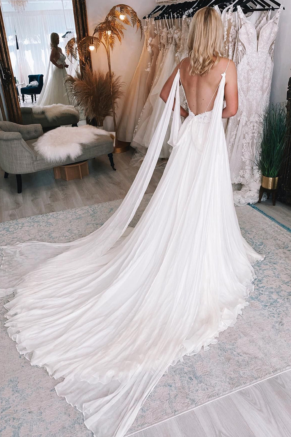 Zoya | Ivory A-Line Watteau Train Boho Long Chiffon Wedding Dress with Lace