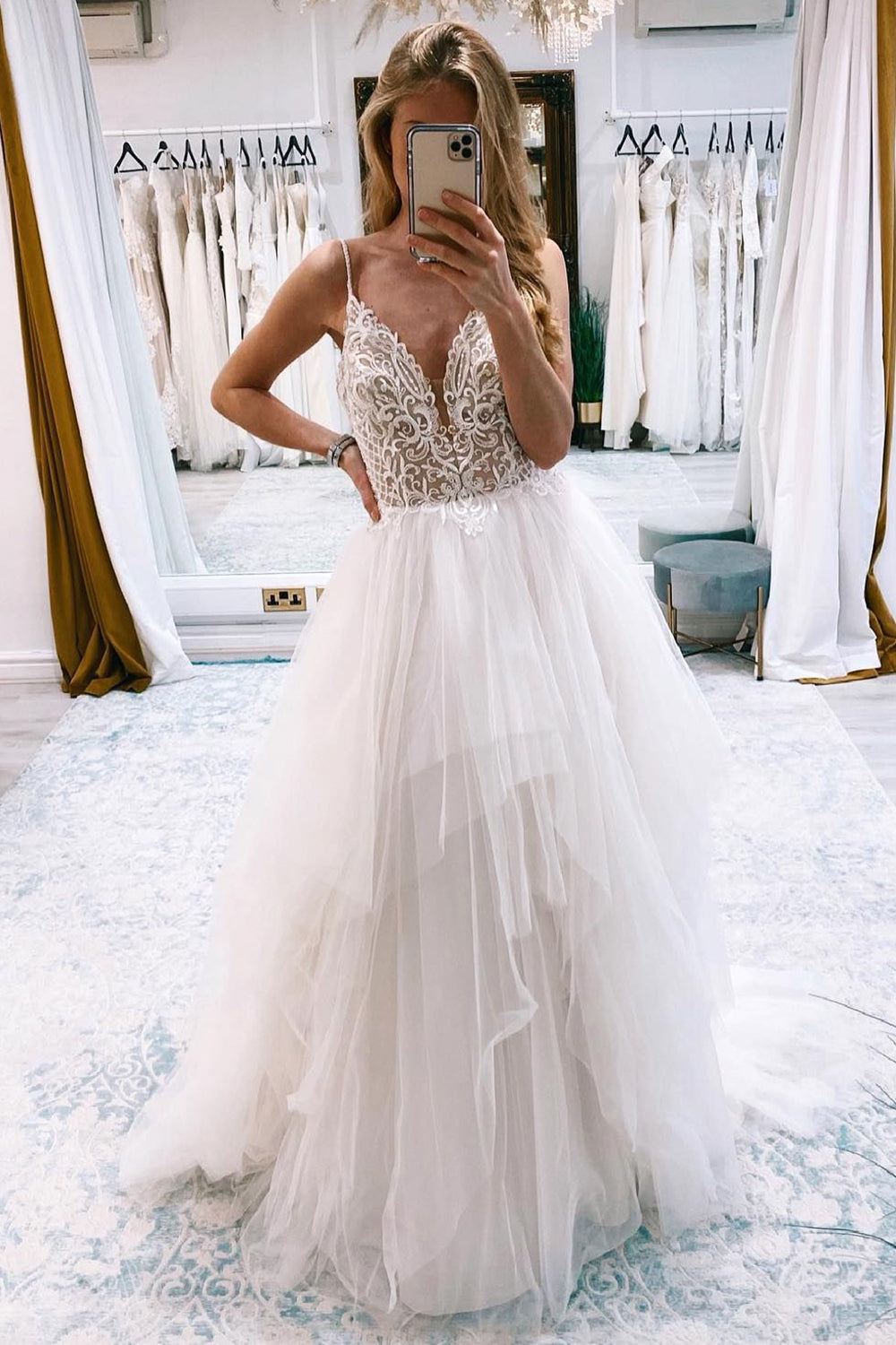 Ashlynn | Ivory A-Line Backless Asymmetrical Tulle Long Wedding Dress with Lace