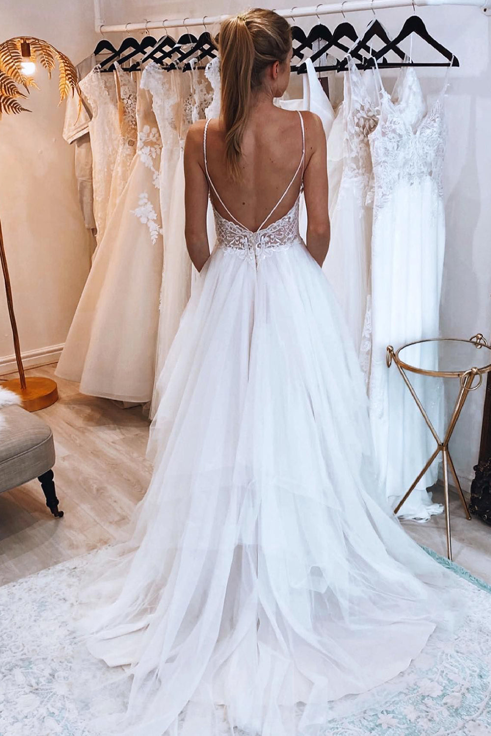 Ashlynn | Ivory A-Line Backless Asymmetrical Tulle Long Wedding Dress with Lace