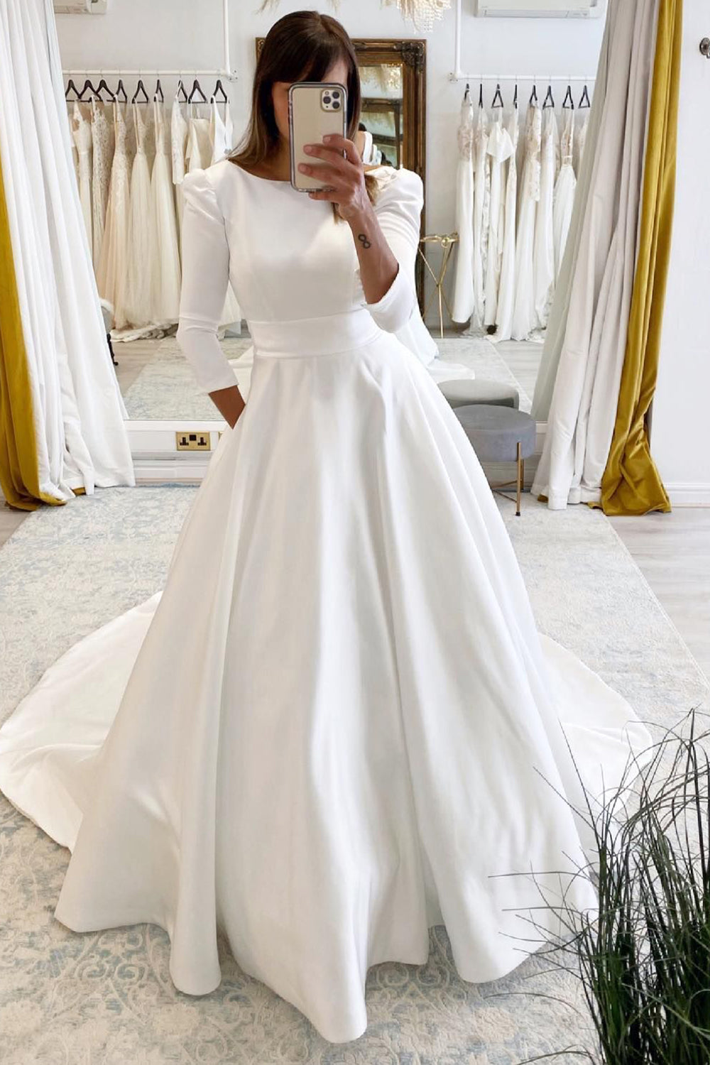 Lea | White Vintage A-Line Long Satin Wedding Dress with Pockets