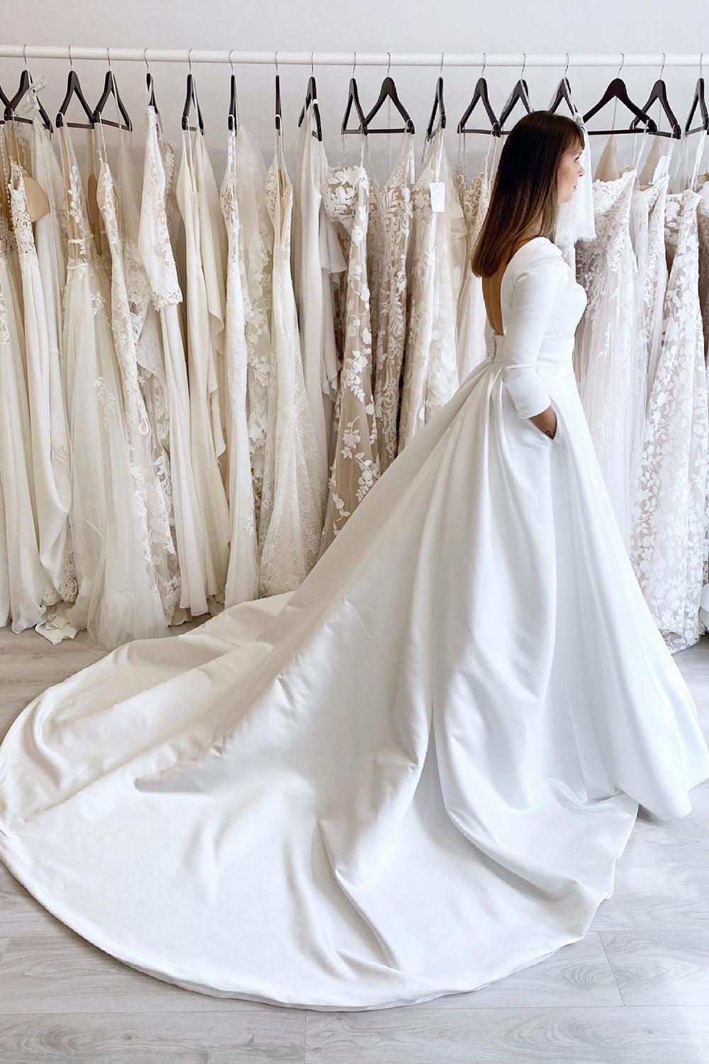 Lea | White Vintage A-Line Long Satin Wedding Dress with Pockets