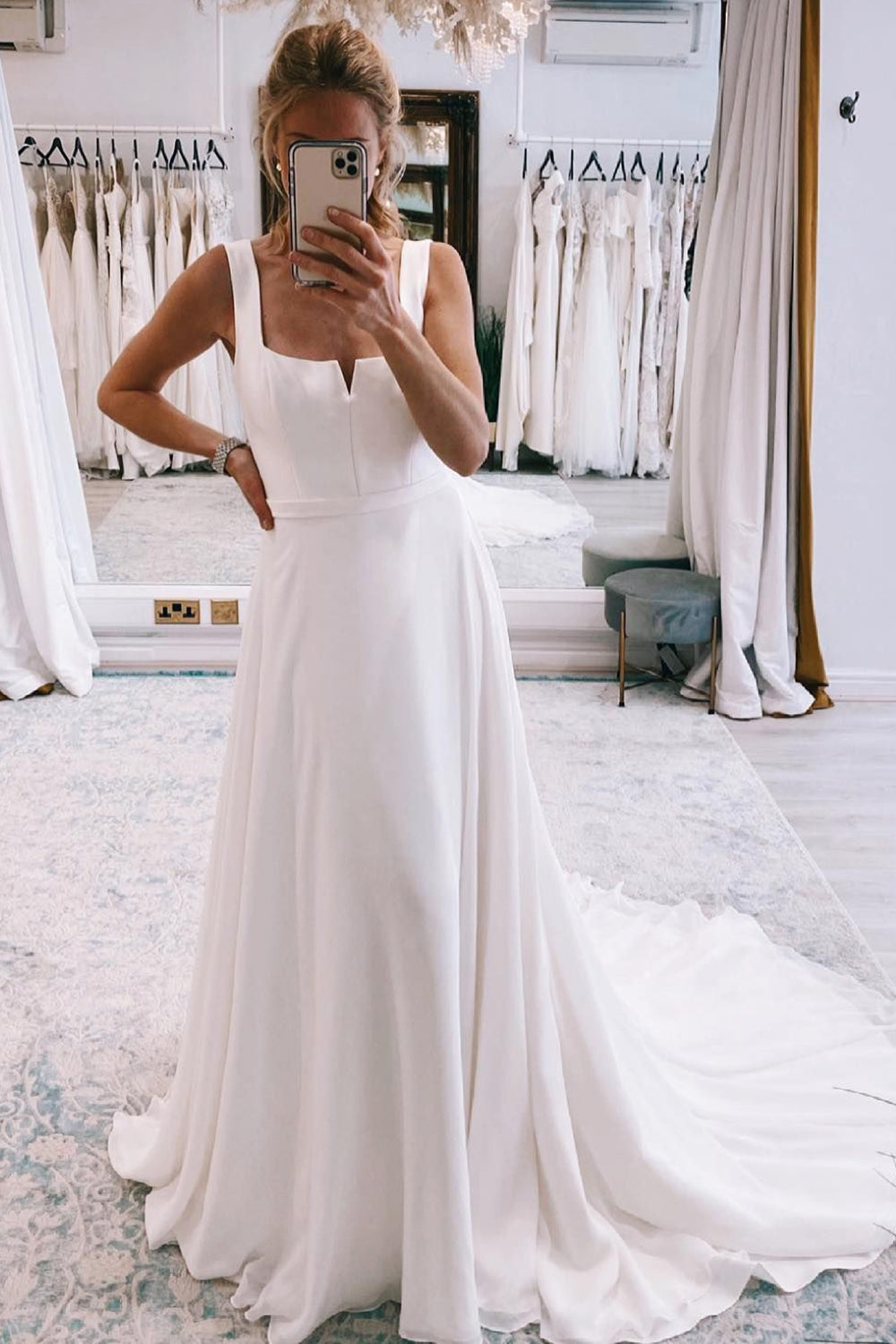 Bridget | Simple White Square Neck Boho Long Chiffon Wedding Dress