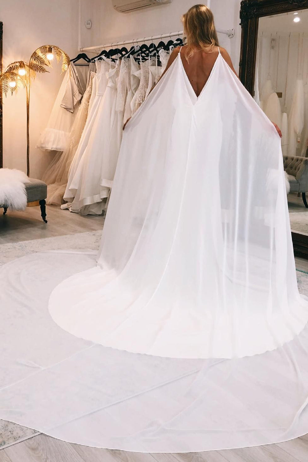 Kai | Simple White Watteau Train Boho Long Mermaid Wedding Dress