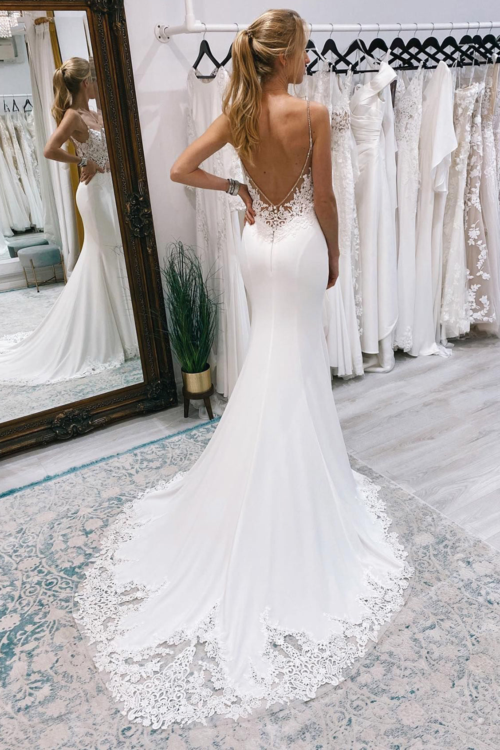 Elliot | White Mermaid Sweep Train Boho Long Mermaid Wedding Dress with Lace