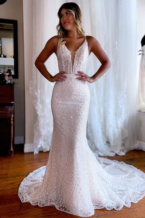 Jamie | Sparkly Mermaid White Lace Backless Sweep Train Long Wedding Dress