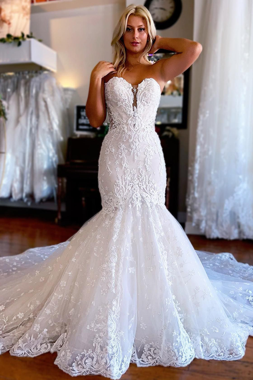 Alena | Sparkly White Mermaid Detachable Long Sleeves Lace Wedding Dress