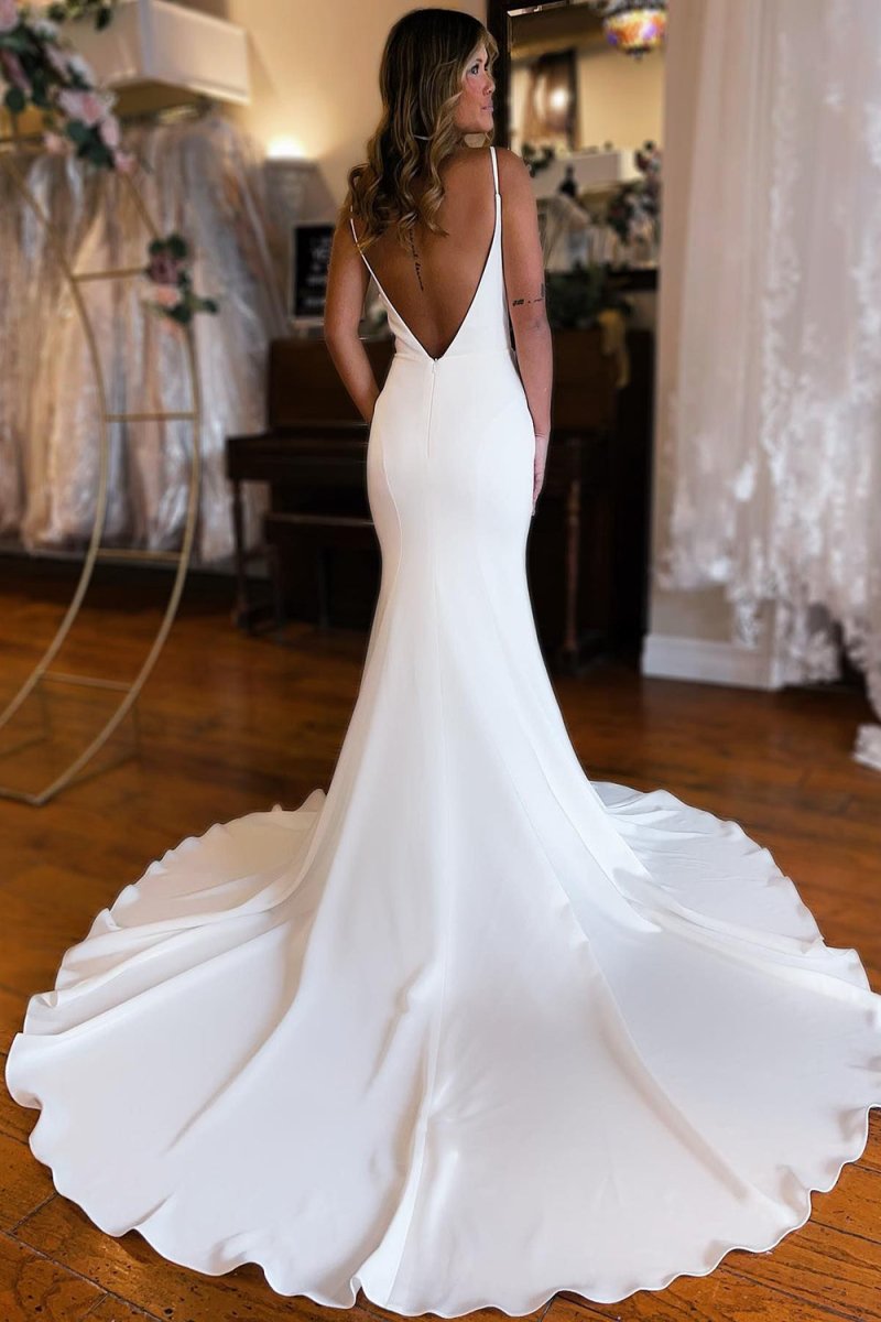 Simple White Mermaid Backless Boho Wedding Dress Champagne / 12 Simple White Mermaid Backless Boho Wedding Dress Champagne / 12