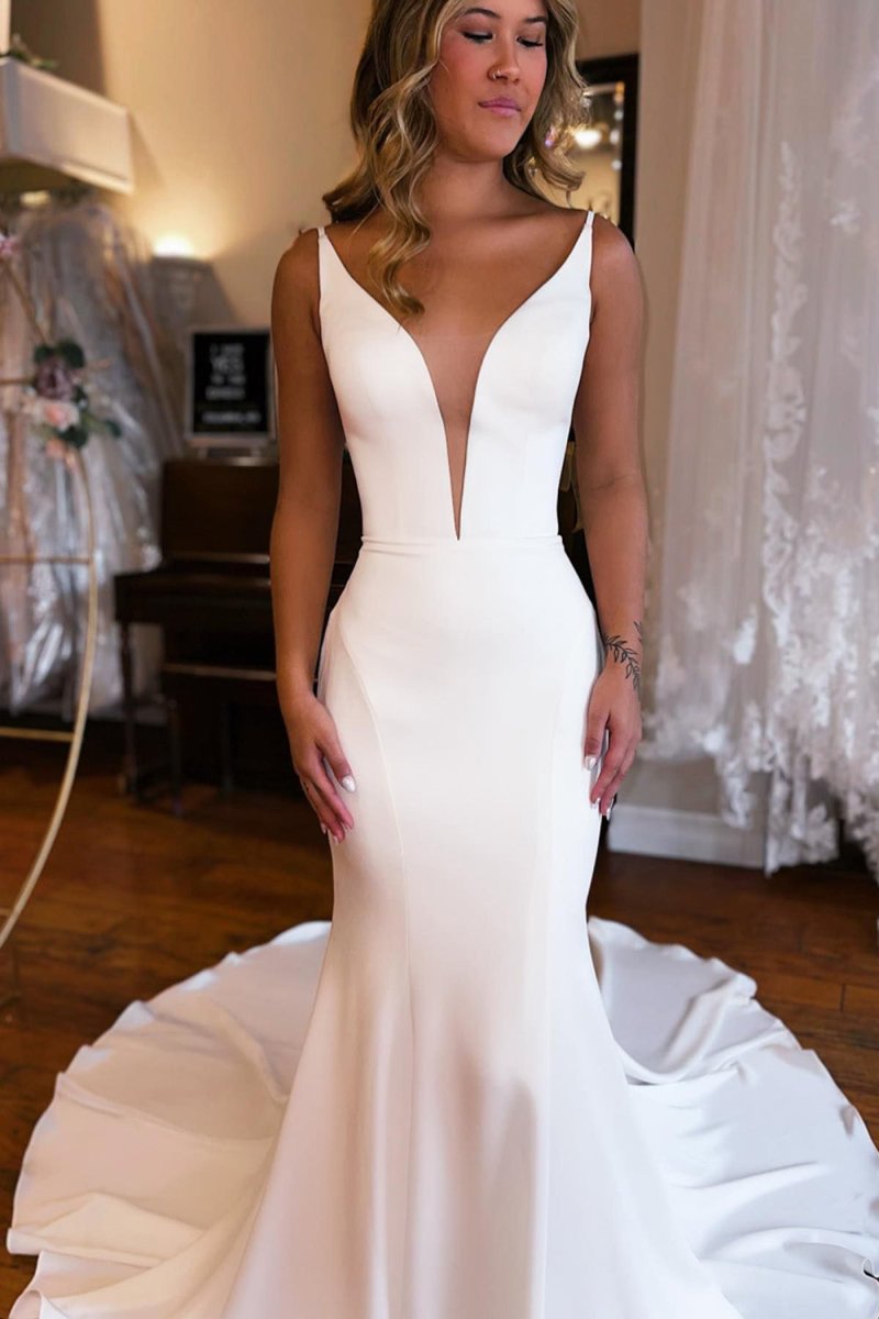 Simple White Mermaid Backless Boho Wedding Dress Champagne / 12
