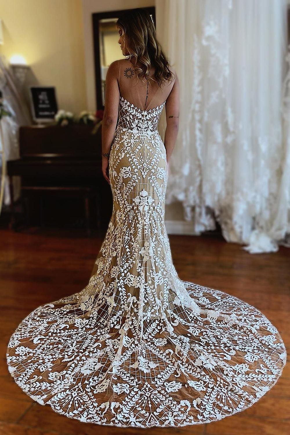 Kori | Champagne Illusion Boat Neck Mermaid Long Lace Wedding Dress