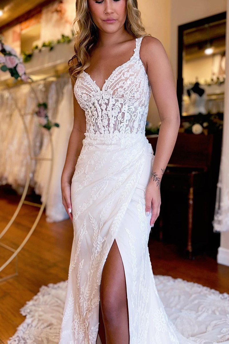 White V-Neck Sheath Long Lace Wedding Dress with Slit, White-Nude / 8