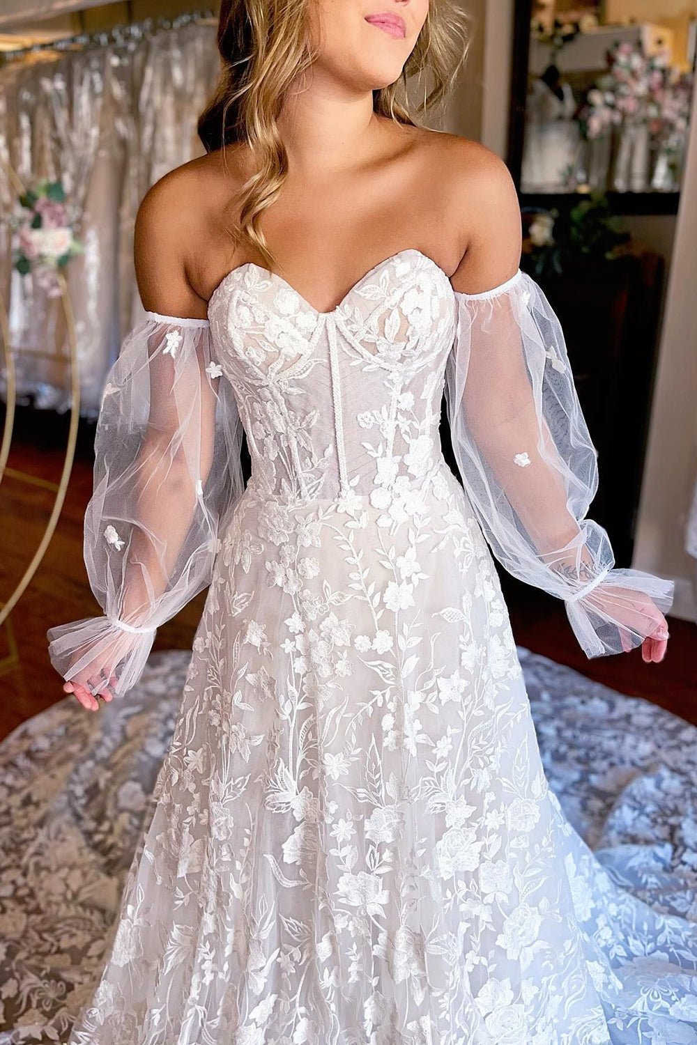 Arlet | Ivory Sweetheart Corset Detachale Long Sleeves Long Lace Wedding Dress