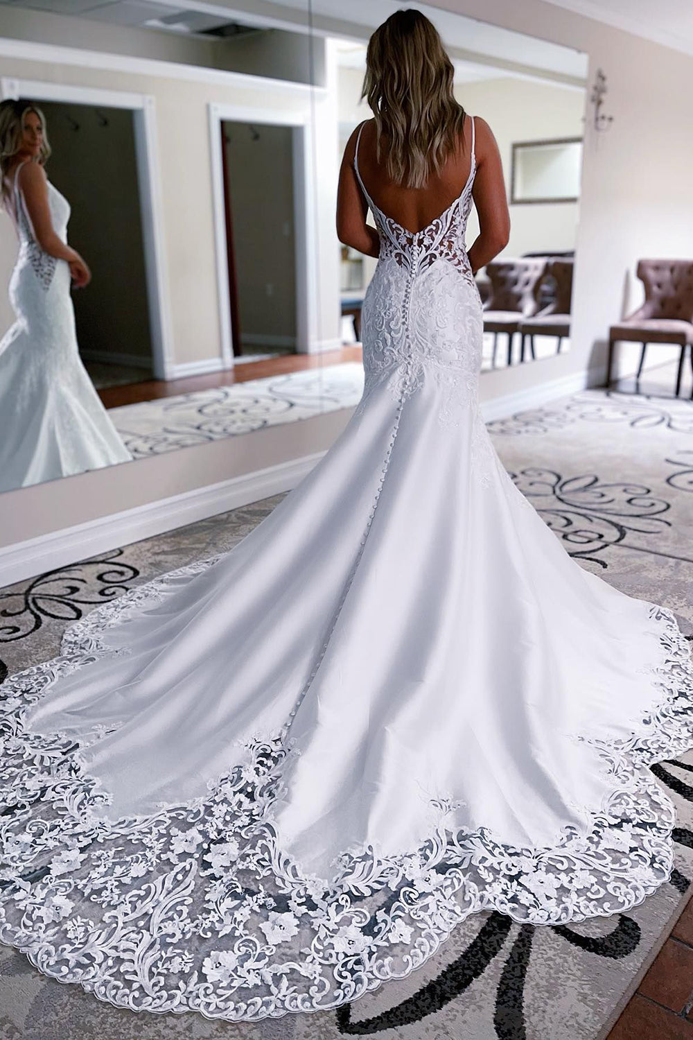 Christina | White Mermaid Long Satin Wedding Dress with Lace