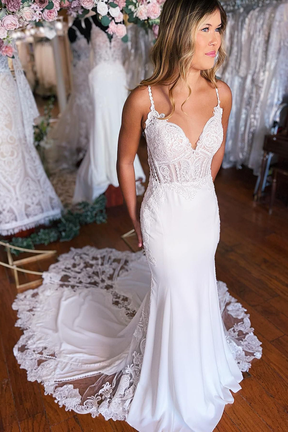 Kiana | White Boho Mermaid Spaghetti Straps Long Wedding Dress with Lace