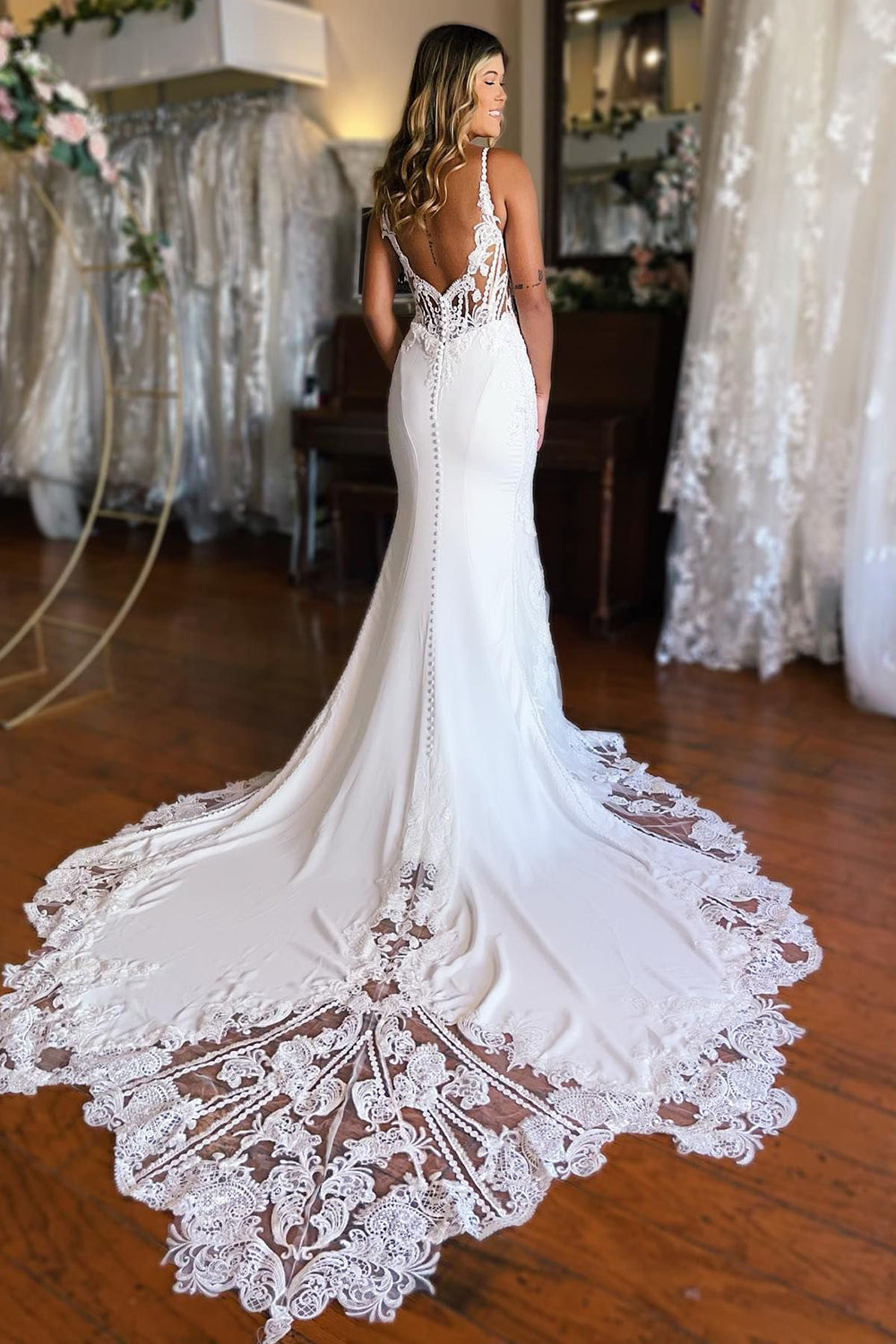 Kiana | White Boho Mermaid Spaghetti Straps Long Wedding Dress with Lace