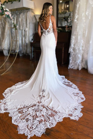 Kiana | White Boho Mermaid Spaghetti Straps Long Wedding Dress with Lace