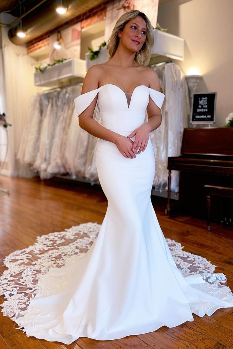 White Boho Mermaid Off the Shoulder Long Wedding Dress with Lace, White / 10