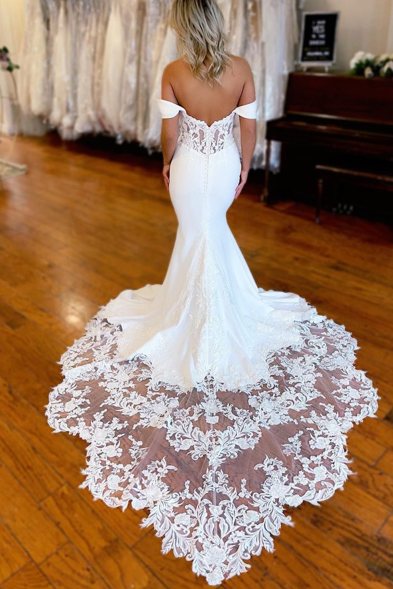 White Boho Mermaid Off the Shoulder Long Wedding Dress with Lace, White / 10