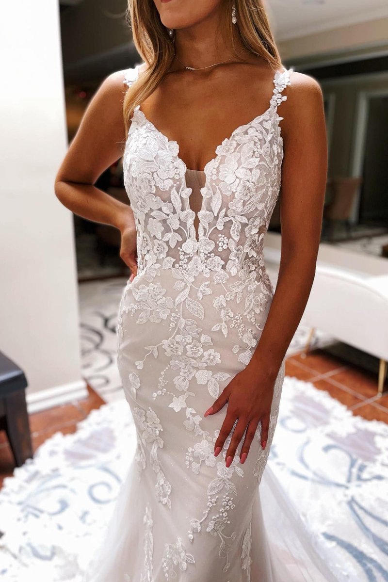 Ivory Backless Sleeveless Lace Mermaid Long Wedding Dress, Diamond White / 2