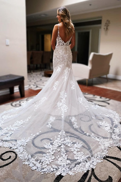 Sweetheart Long Mermaid Ivory Backless Lace Wedding Dresses
