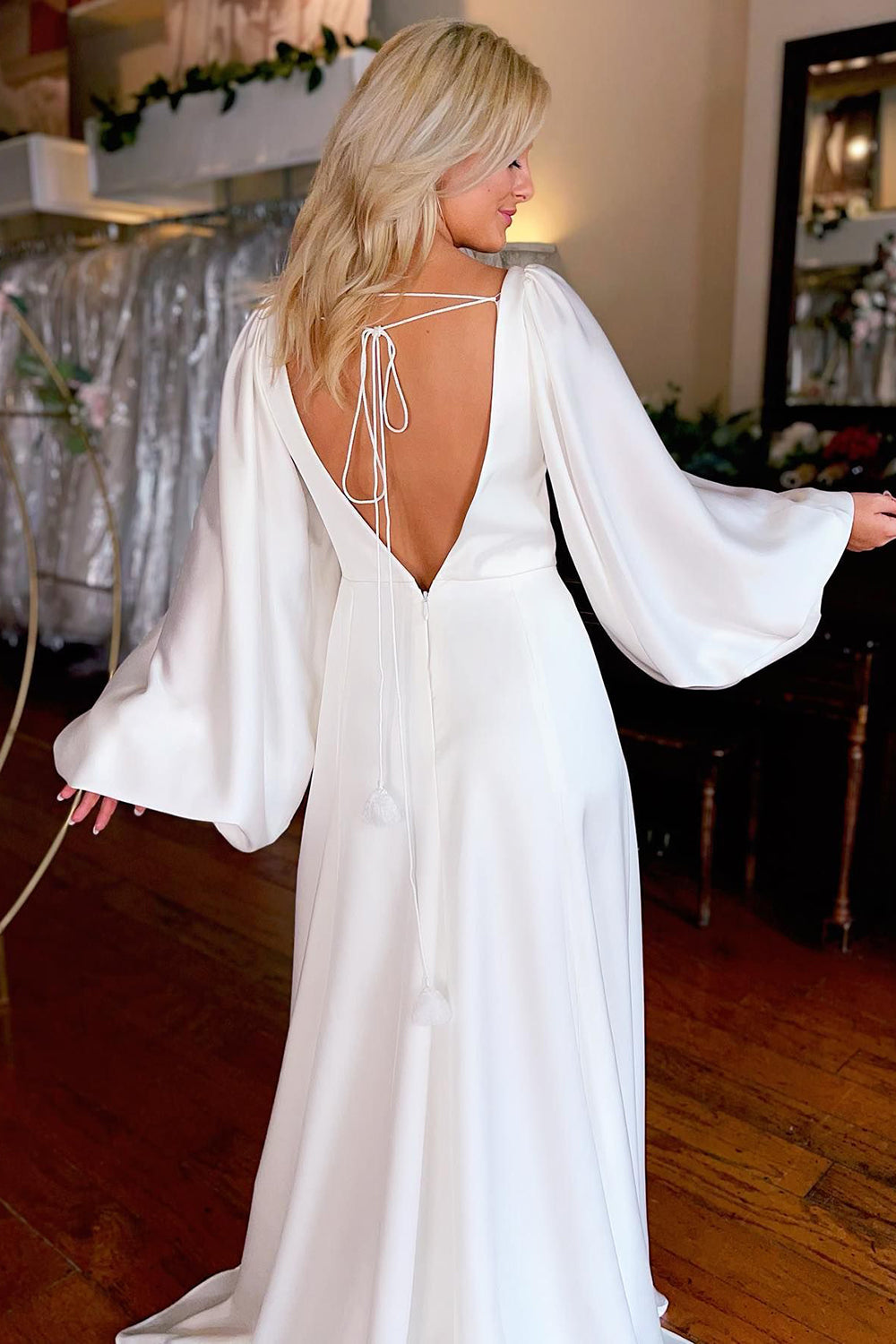 Clover | White Satin Simple A-Line Long Wedding Dress