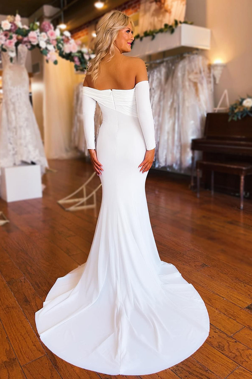 Pearl | Simple White Boho Mermaid Long Wedding Dress with Sleeves