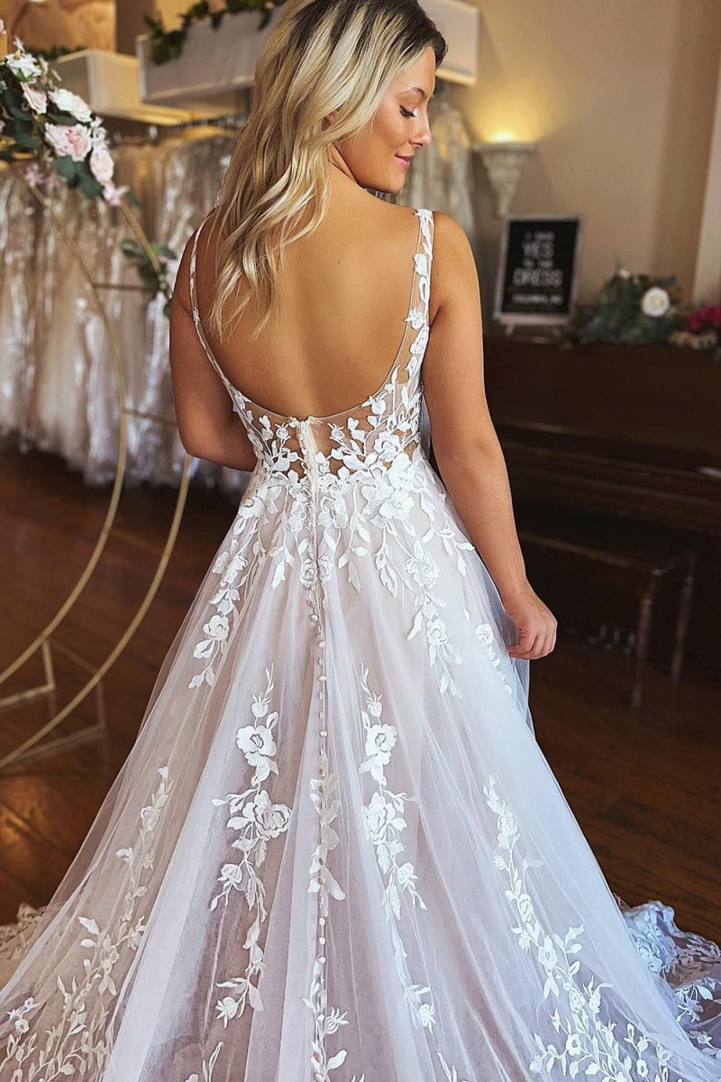 Ivory A-Line V-Neck Backless Long Lace Wedding Dress, Ivory / 12