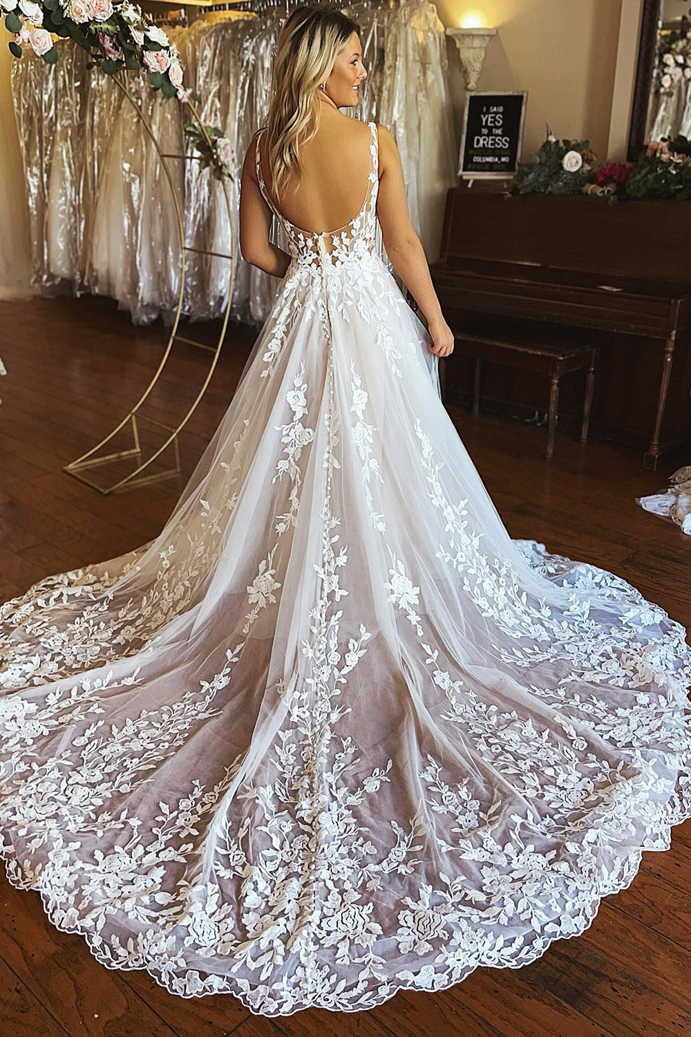 Bria | Ivory A-Line V-Neck Backless Long Lace Wedding Dress