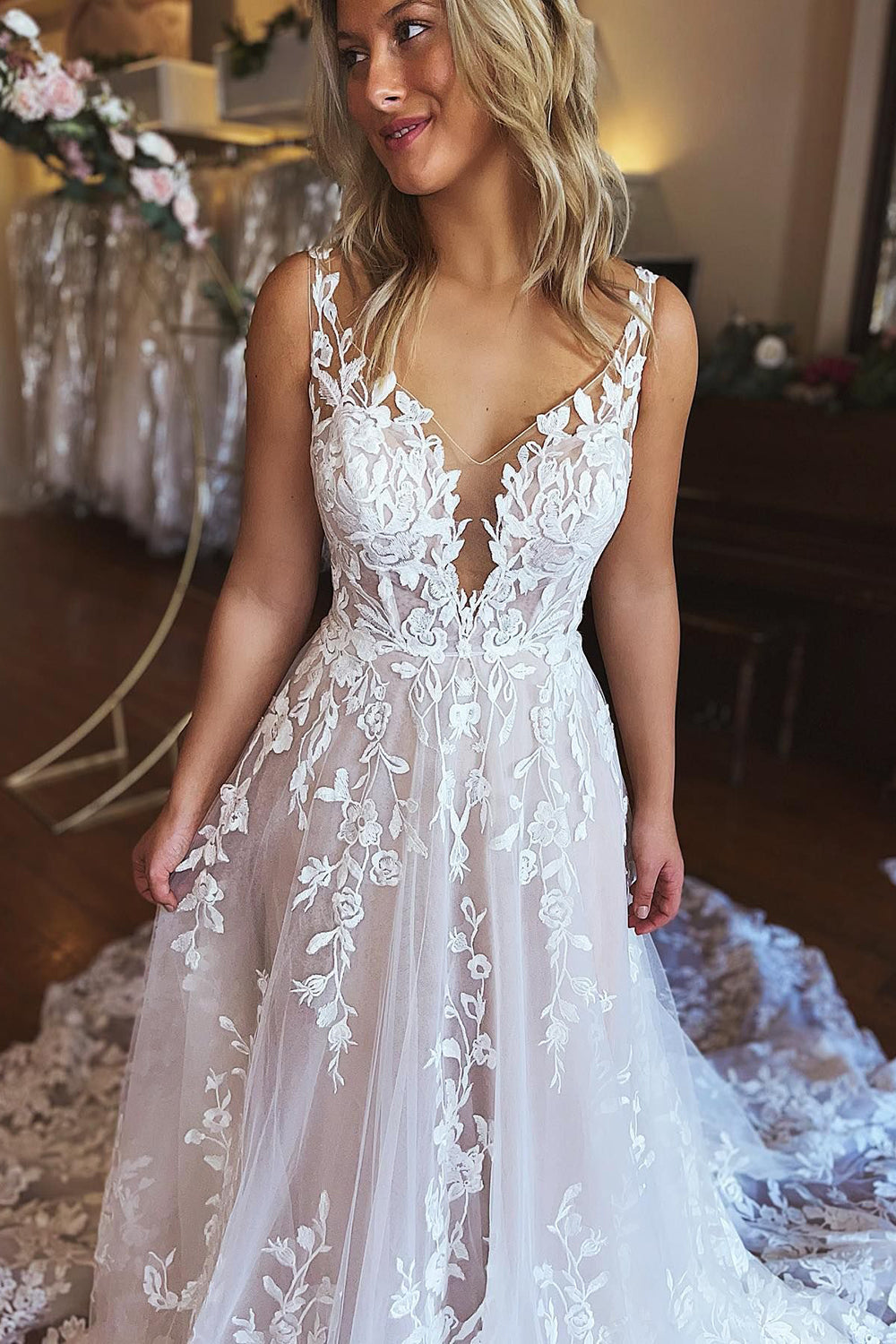 Bria | Ivory A-Line V-Neck Backless Long Lace Wedding Dress