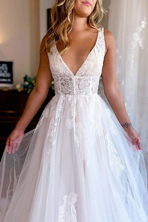 Ivory A-Line Deep V-Neck Backless Long Wedding Dress with Lace, Ivory / 18