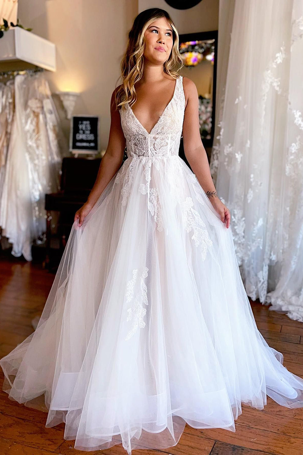 Jaylani | Ivory A-Line Deep V-Neck Backless Long Wedding Dress with Lace