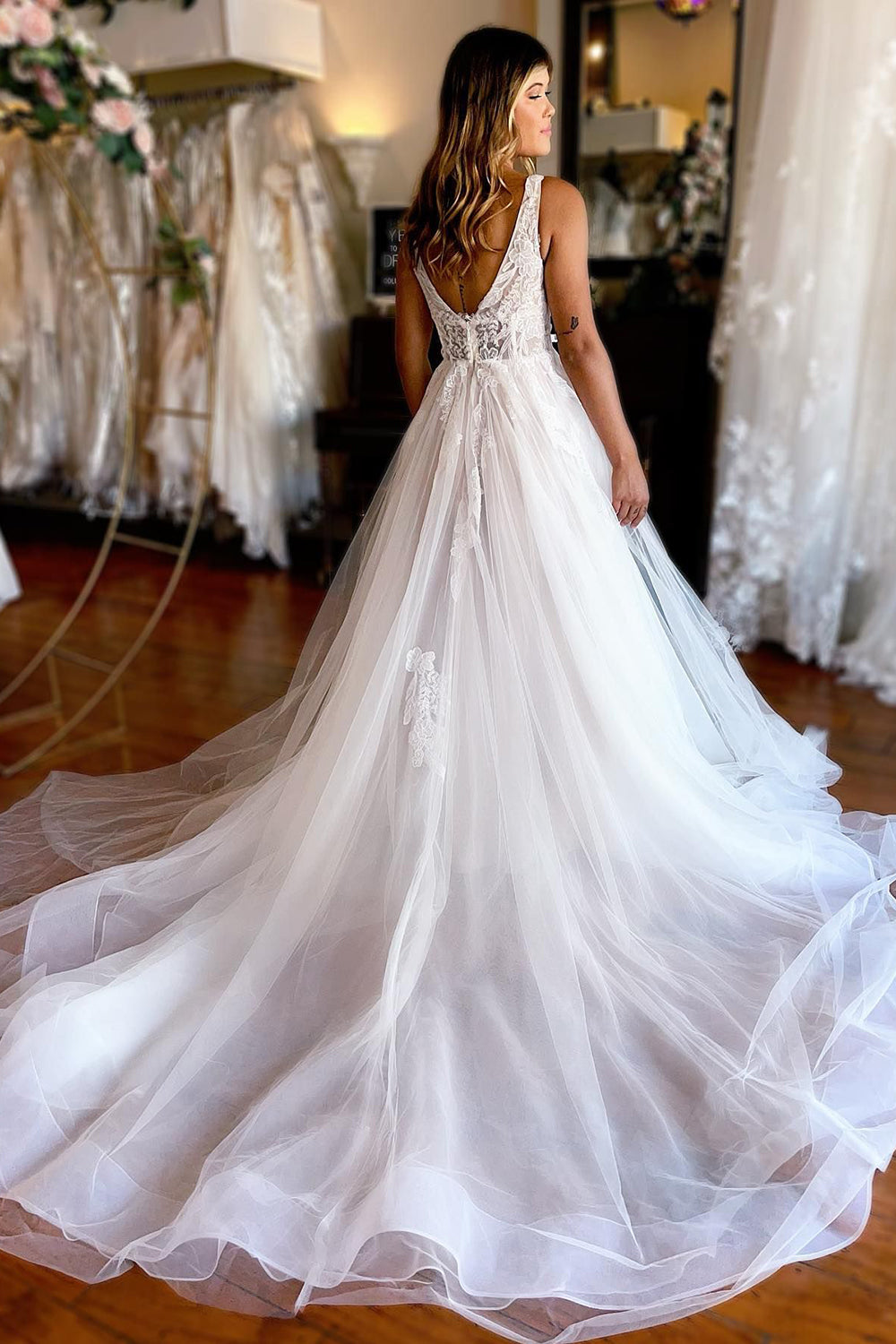 Jaylani | Ivory A-Line Deep V-Neck Backless Long Wedding Dress with Lace