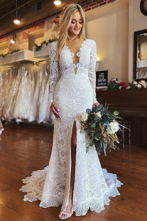 Lillie | White Mermaid Boho Long Lace Wedding Dress with Sleeves