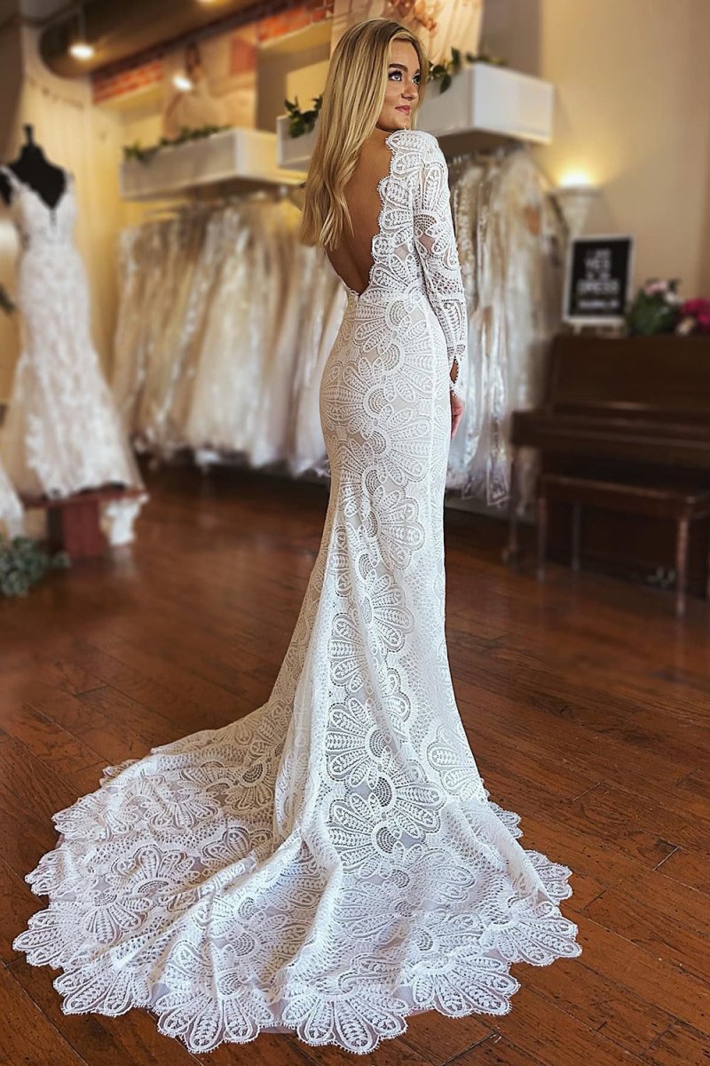White Mermaid Boho Long Lace Wedding Dress with Sleeves, Diamond White / 18 White Mermaid Boho Long Lace Wedding Dress with Sleeves, Diamond White / 18