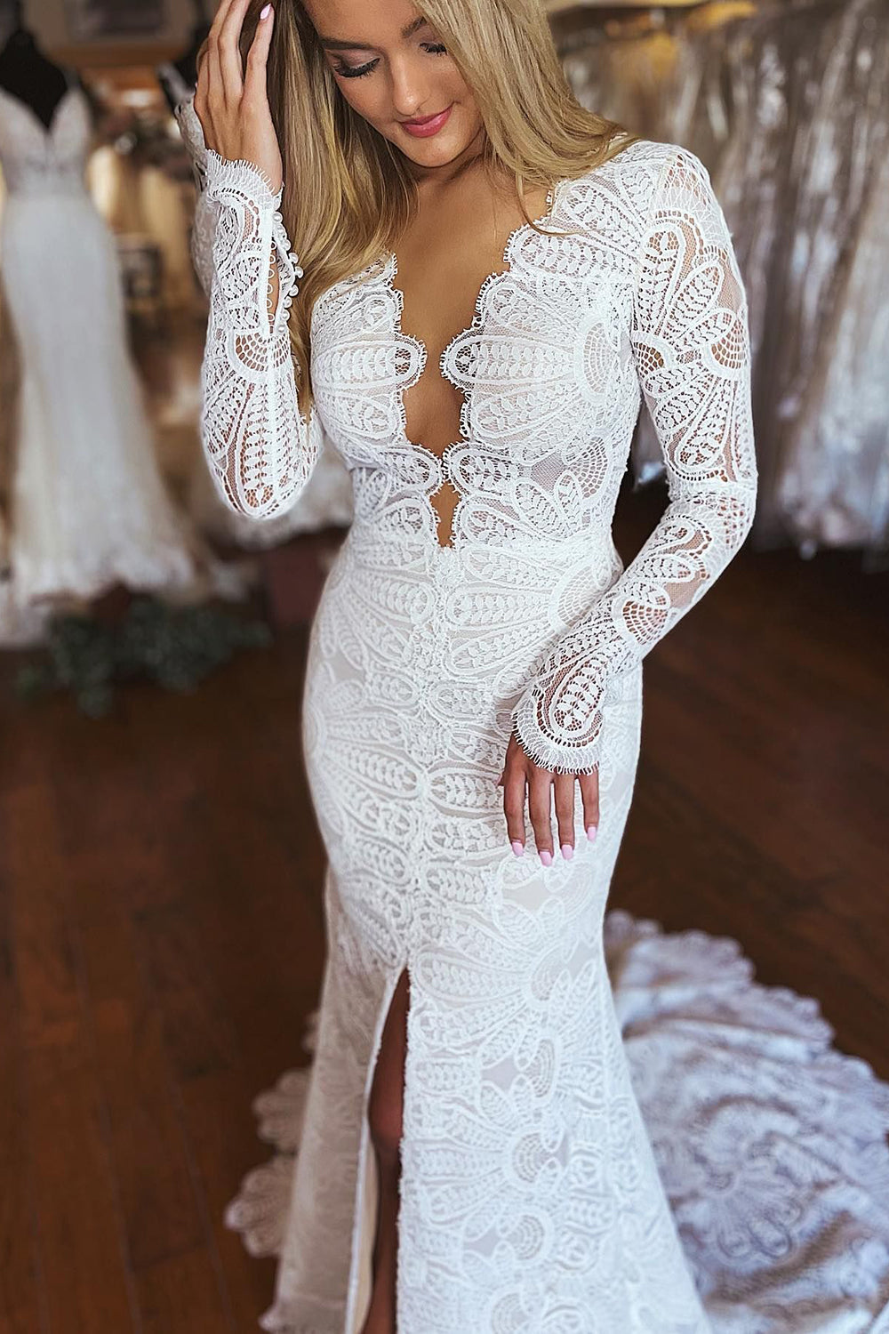 Lillie | White Mermaid Boho Long Lace Wedding Dress with Sleeves