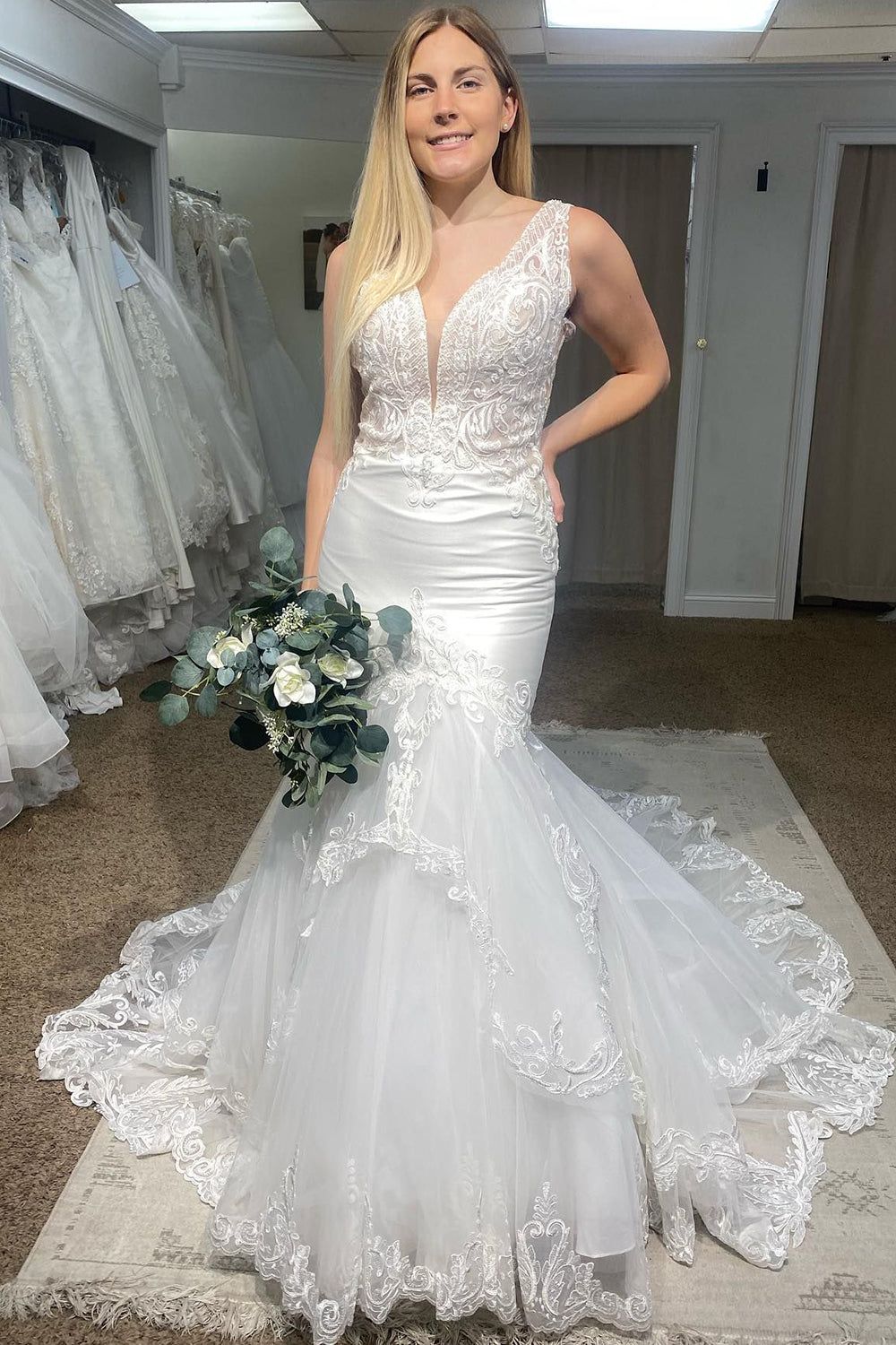 Joelle | Deep V-Neck Mermaid White Long Wedding Dress with Lace