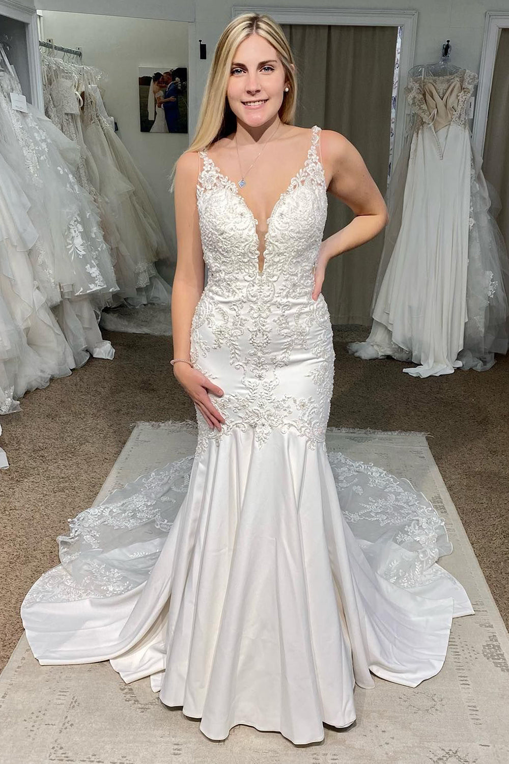 Mercy | White Deep V-Neck Mermaid Long Wedding Dress with Appliques