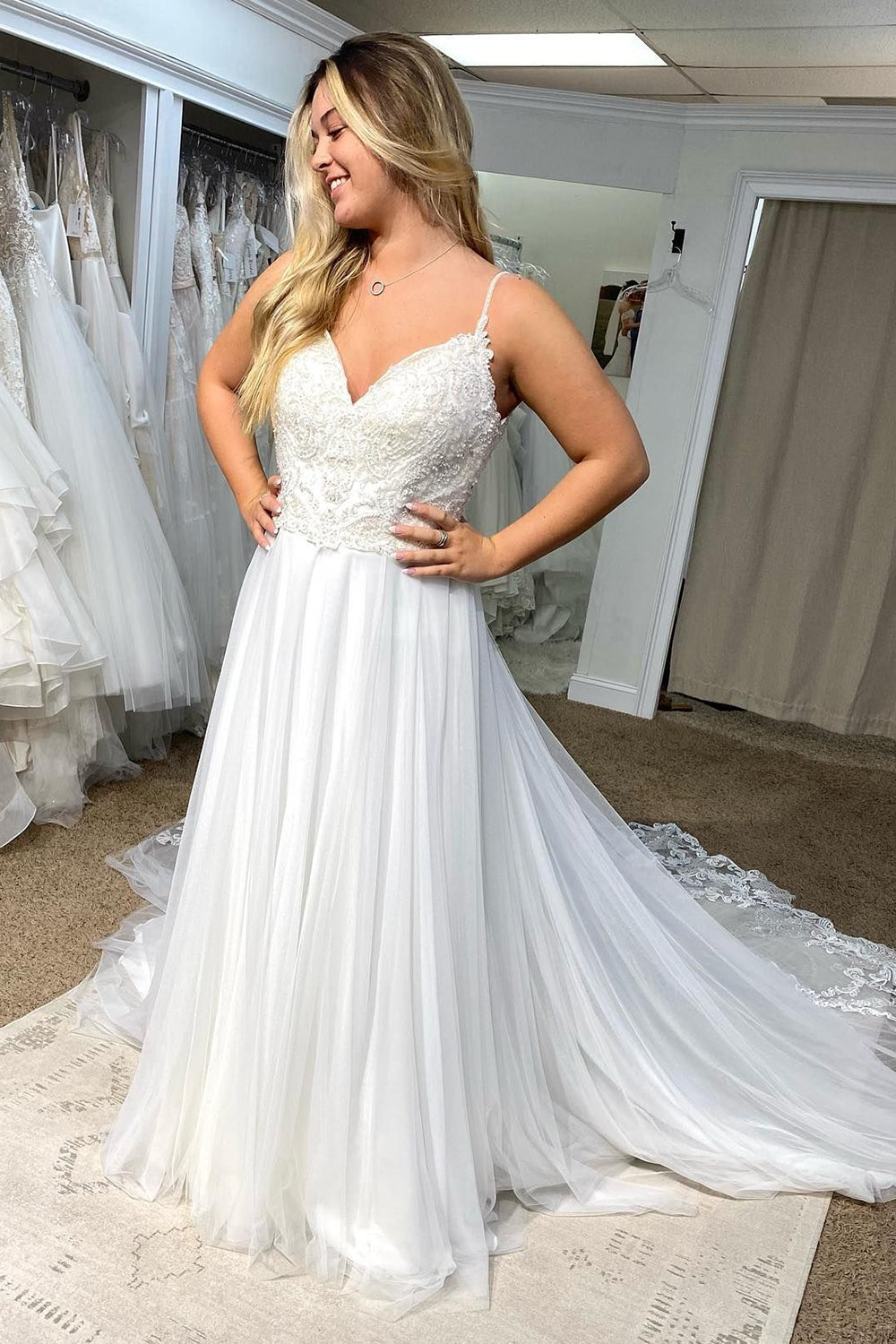 Marisol | Tulle Spaghetti Straps White Long Boho Wedding Dress with Lace