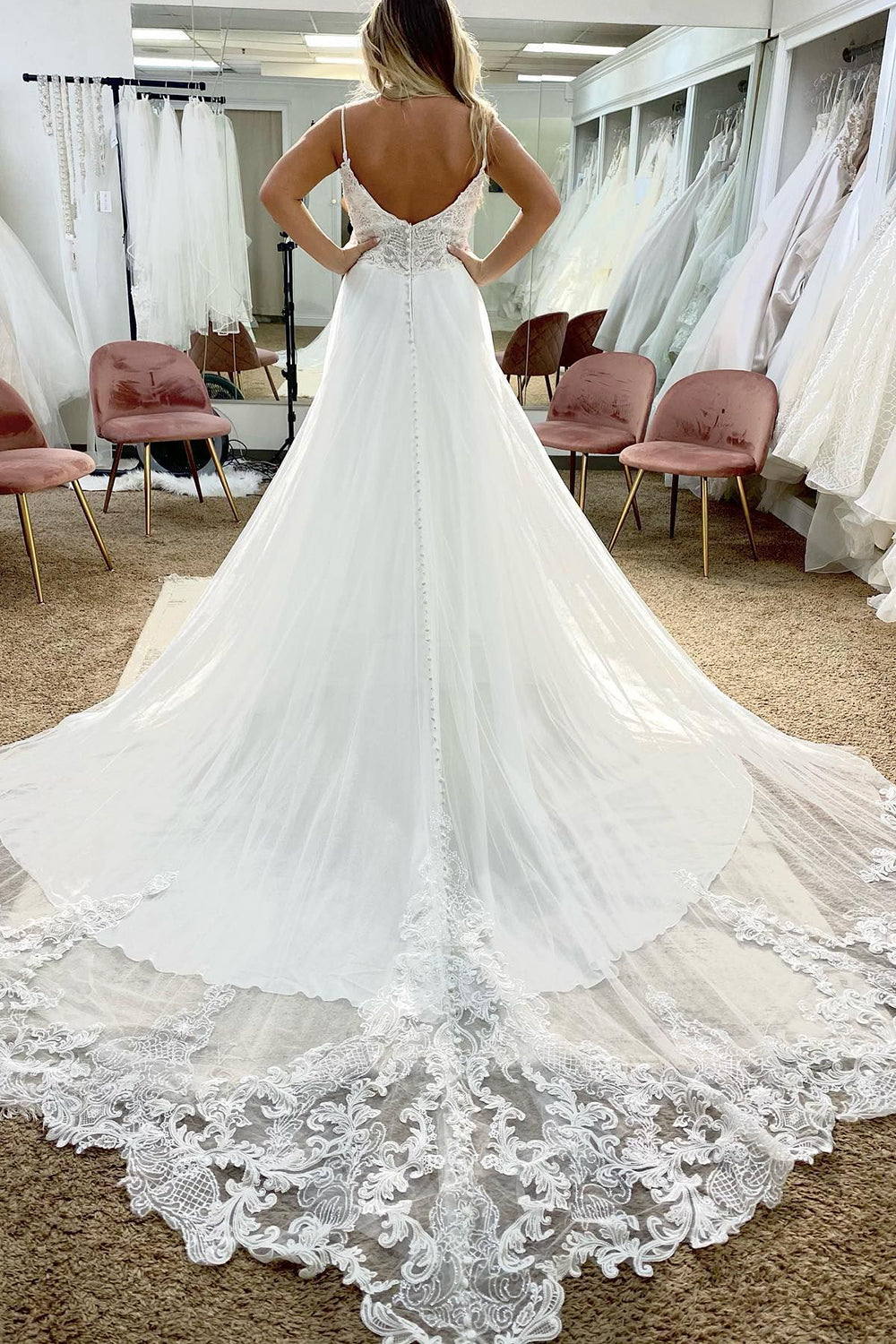 Marisol | Tulle Spaghetti Straps White Long Boho Wedding Dress with Lace