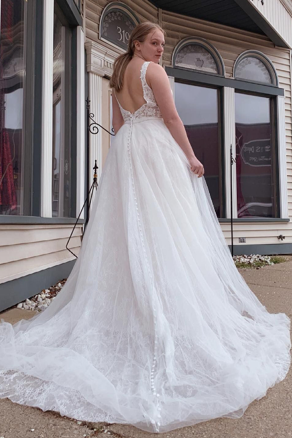 Louisa | A-Line Tulle White Long Plus Size Wedding Dress with Beading