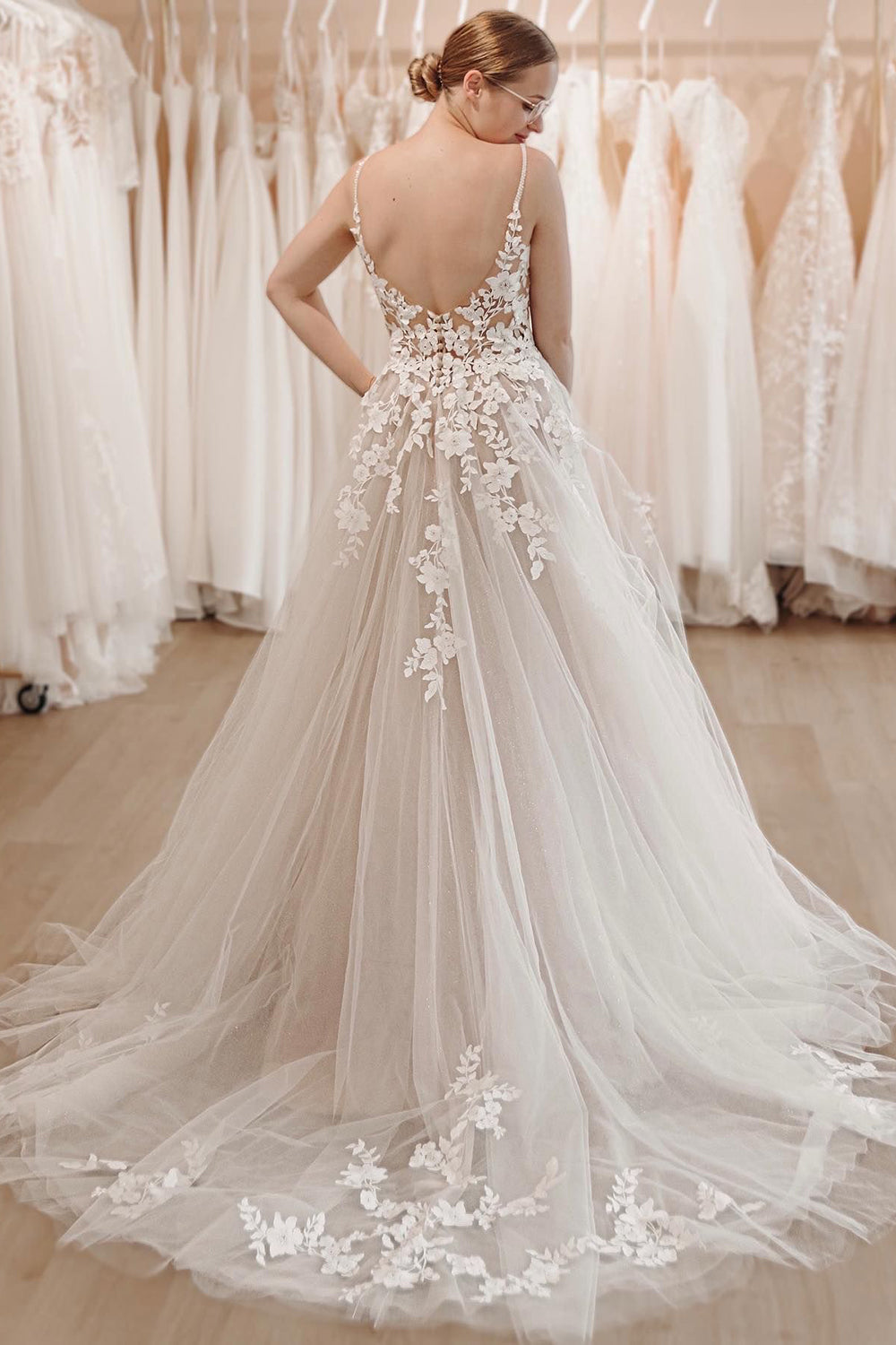Dalia | Glitter Ivory A-Line Spaghetti Straps Long Wedding Dress with Appliques