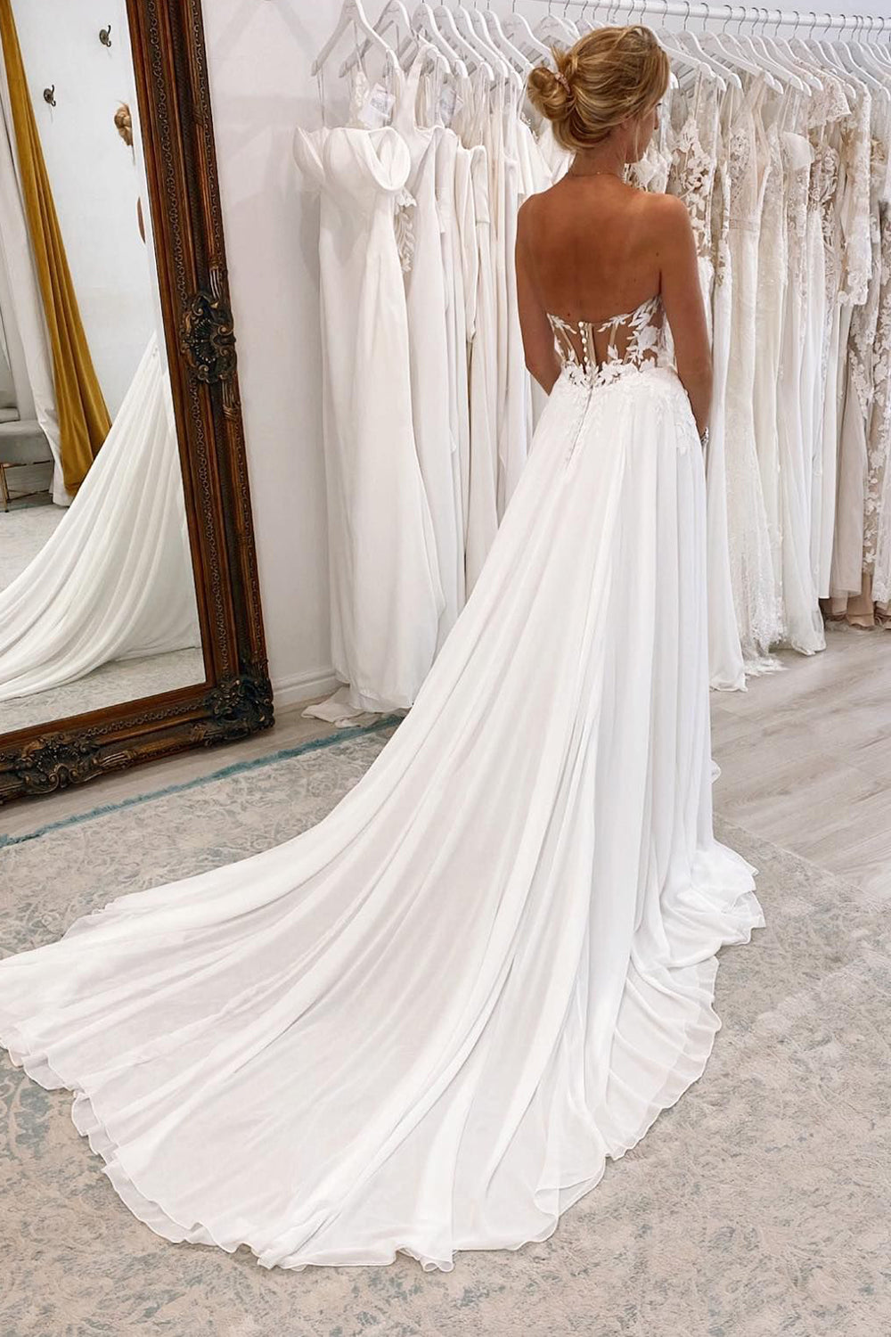 Hayley | White Sweetheart Long Lace Boho Wedding Dress with Slit