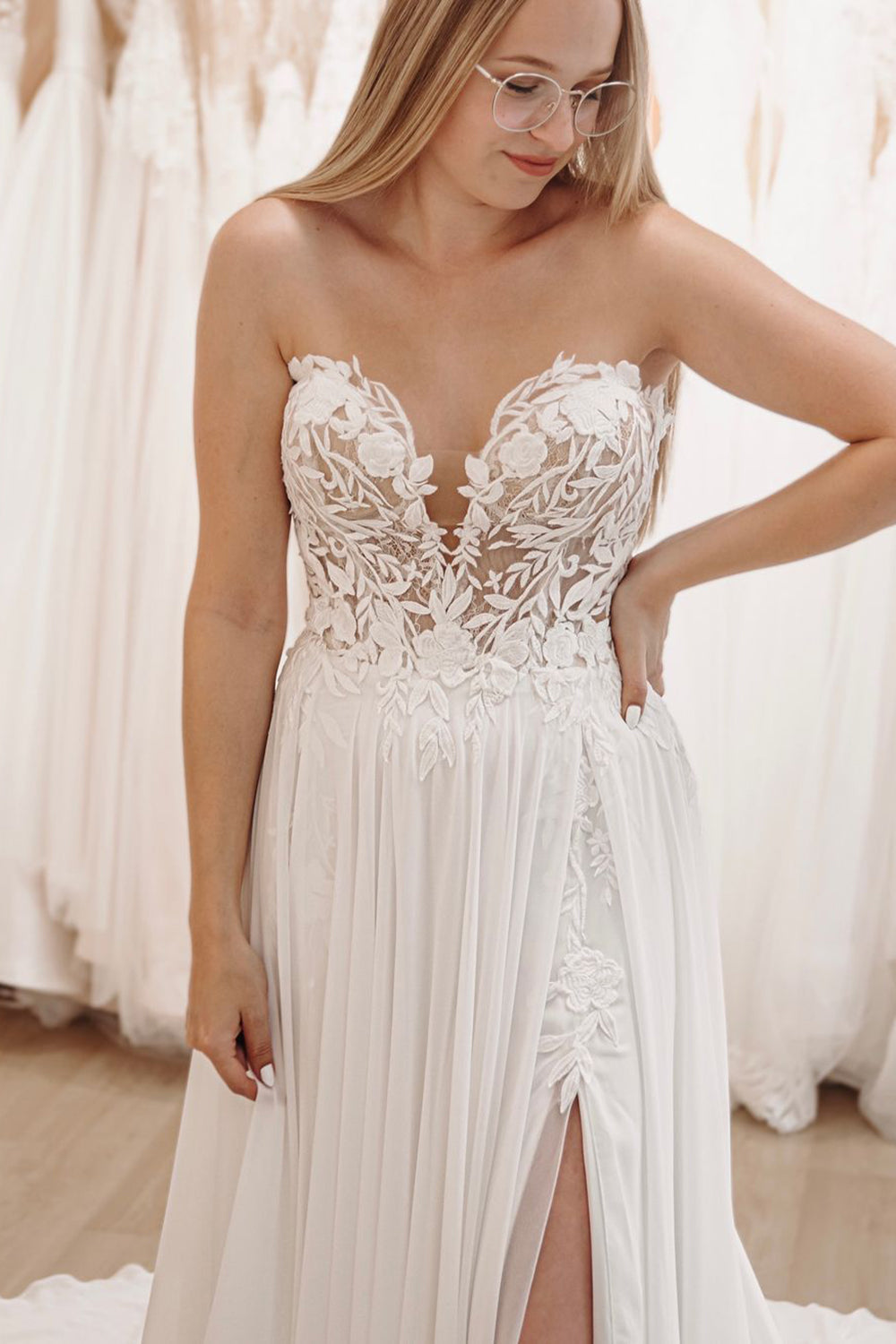 Hayley | White Sweetheart Long Lace Boho Wedding Dress with Slit