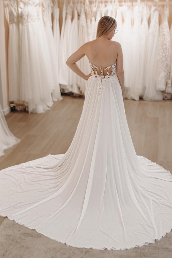 Hayley | White Sweetheart Long Lace Boho Wedding Dress with Slit