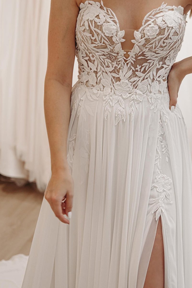 Hayley | White Sweetheart Long Lace Boho Wedding Dress with Slit