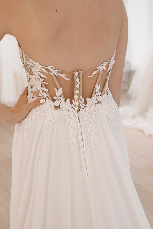 Hayley | White Sweetheart Long Lace Boho Wedding Dress with Slit