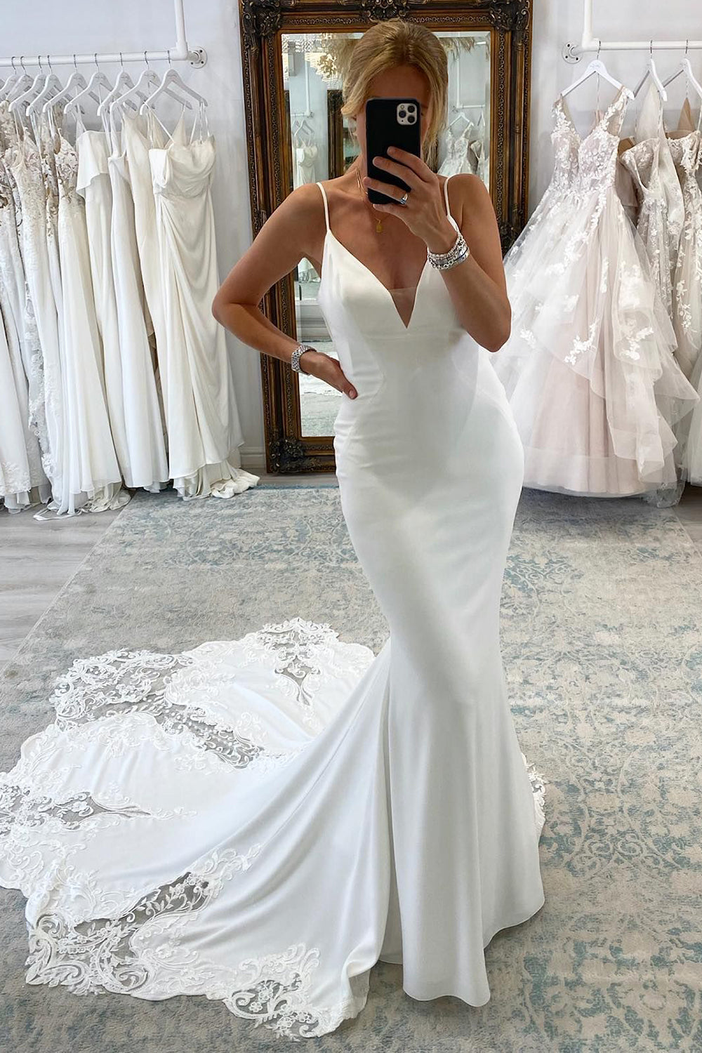 Jayda | White Spaghetti Straps Long Mermaid Boho Wedding Dress with Lace